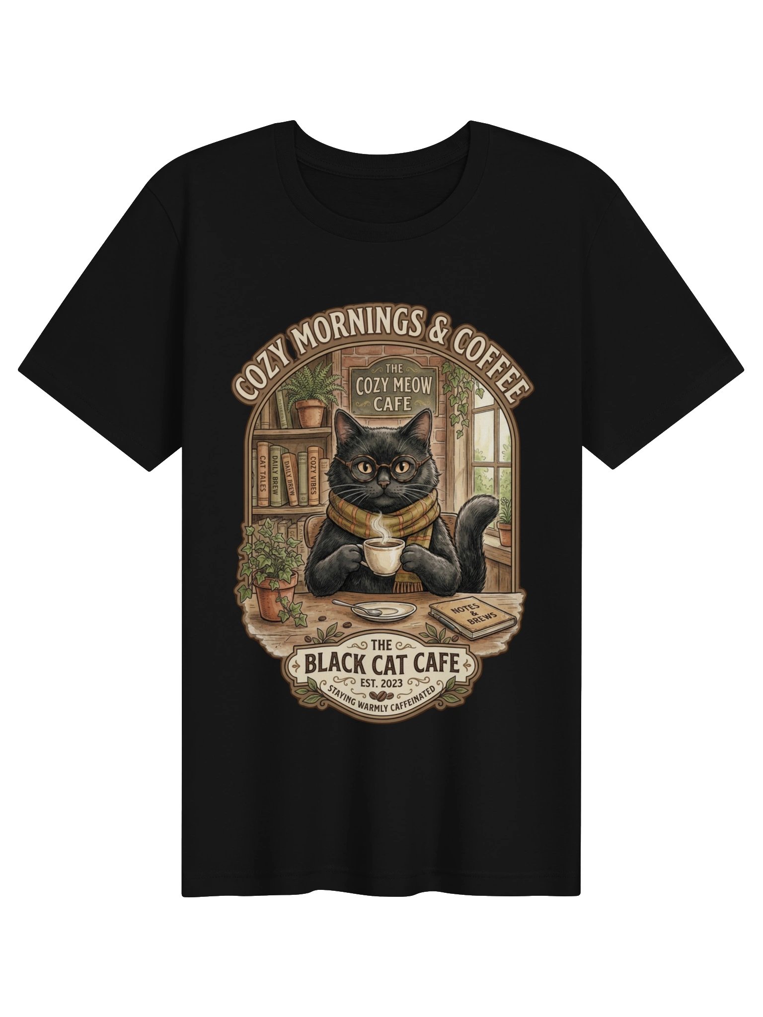 Cozy Mornings & Coffee T-Shirt - Black Cat Cafe Vintage Tee product image (1)