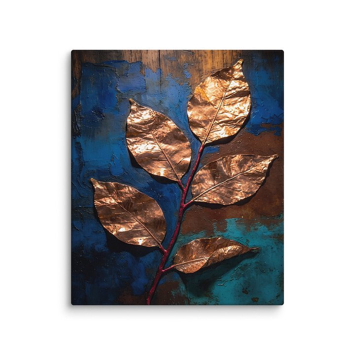 Copper Leaf Branch Wall Art | Mixed Media Botanical Canvas Print | Patina Blue Verdigris | Industrial Botanical Decor | Moody Maximalist Art product image (1)