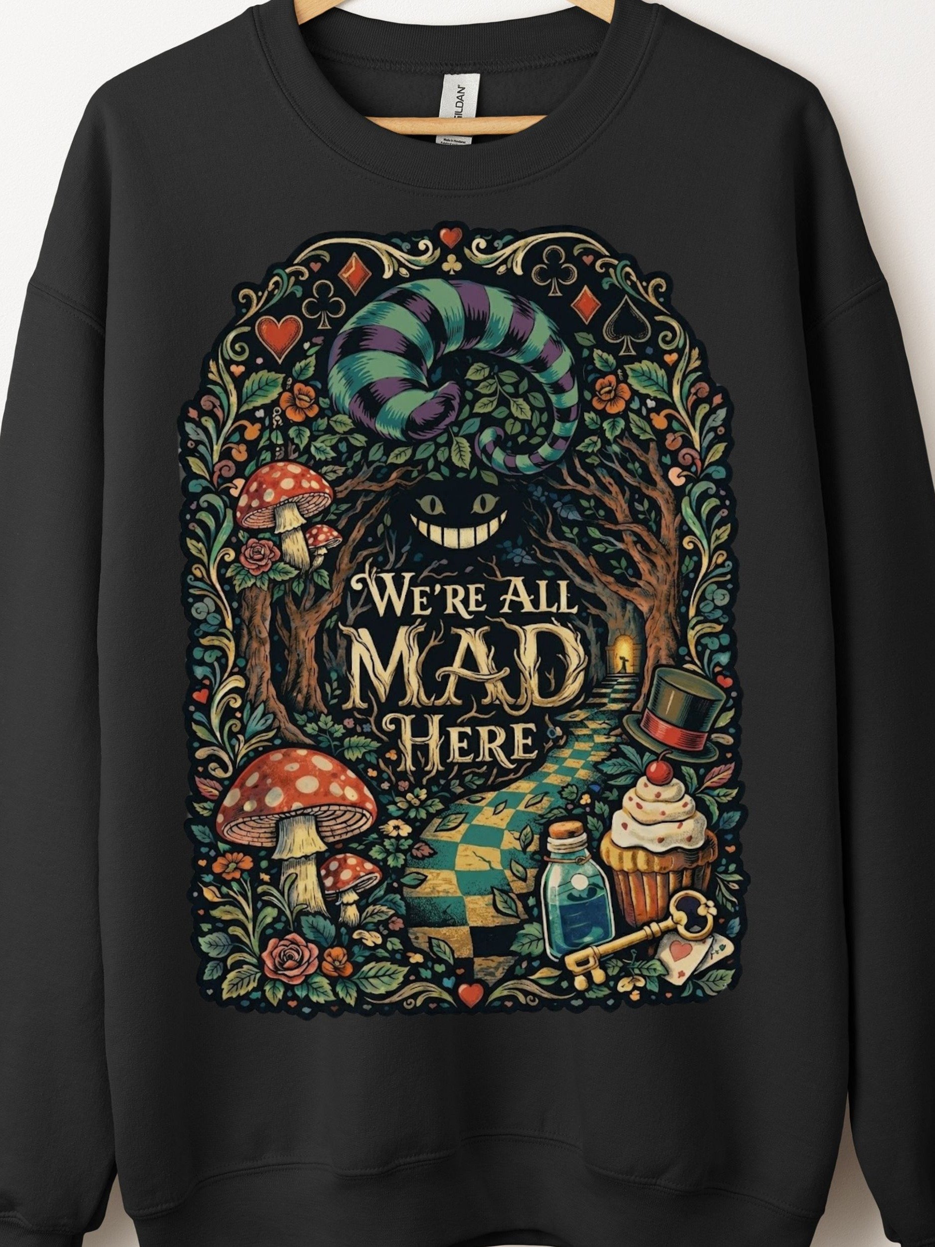 We’re All Mad Here Sweatshirt, Psychedelic Wonderland Cheshire Cat Crewneck product image (1)