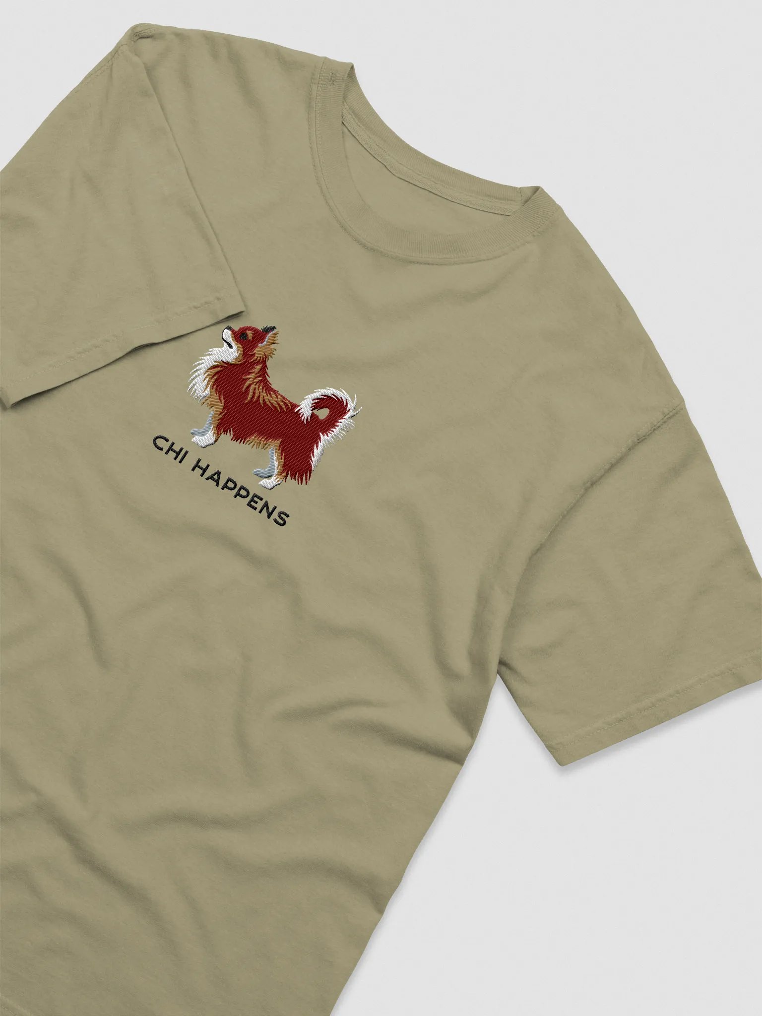Chi Happens T-Shirt(Embroidered) of a Longhaired Chihuahua(Red Tricolor) product image (6)