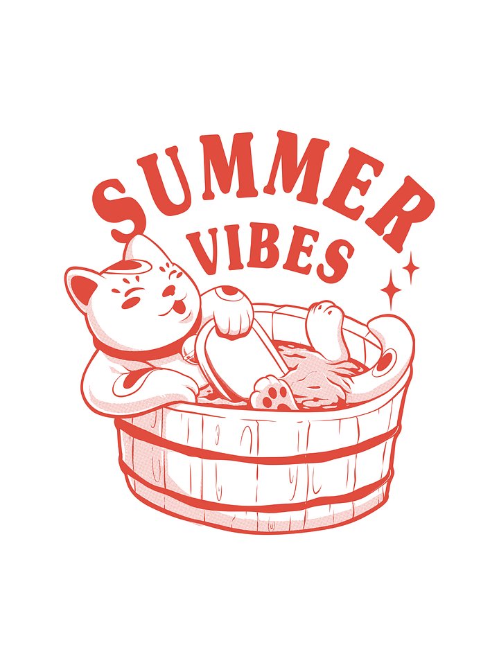 Summer Vibes – Lucky Cat Maneki Neko Soaking in Wooden Tub Retro Illustration Print product image (1)