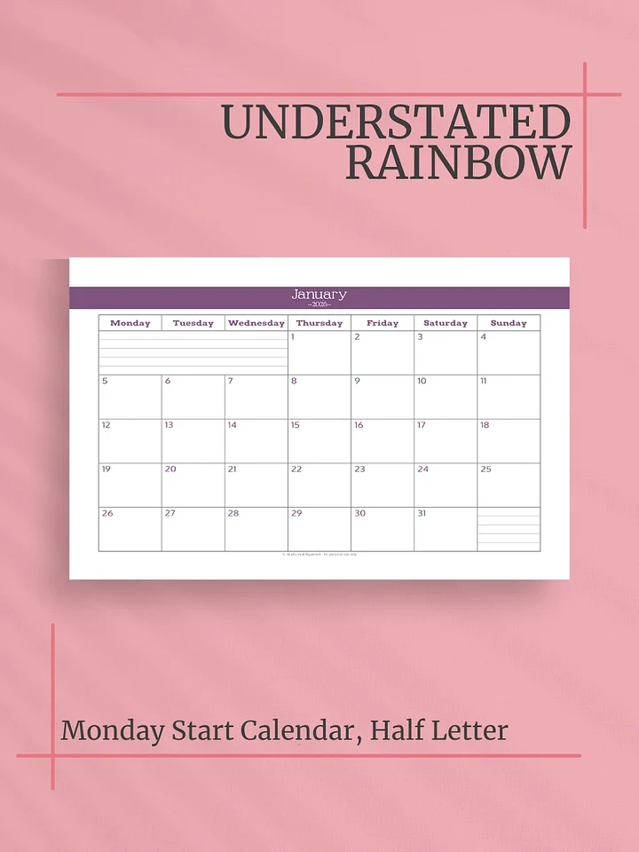 Understated Rainbow 2026 Calendar - Single Page per Month, Monday Start, Half Letter Size product image (1)