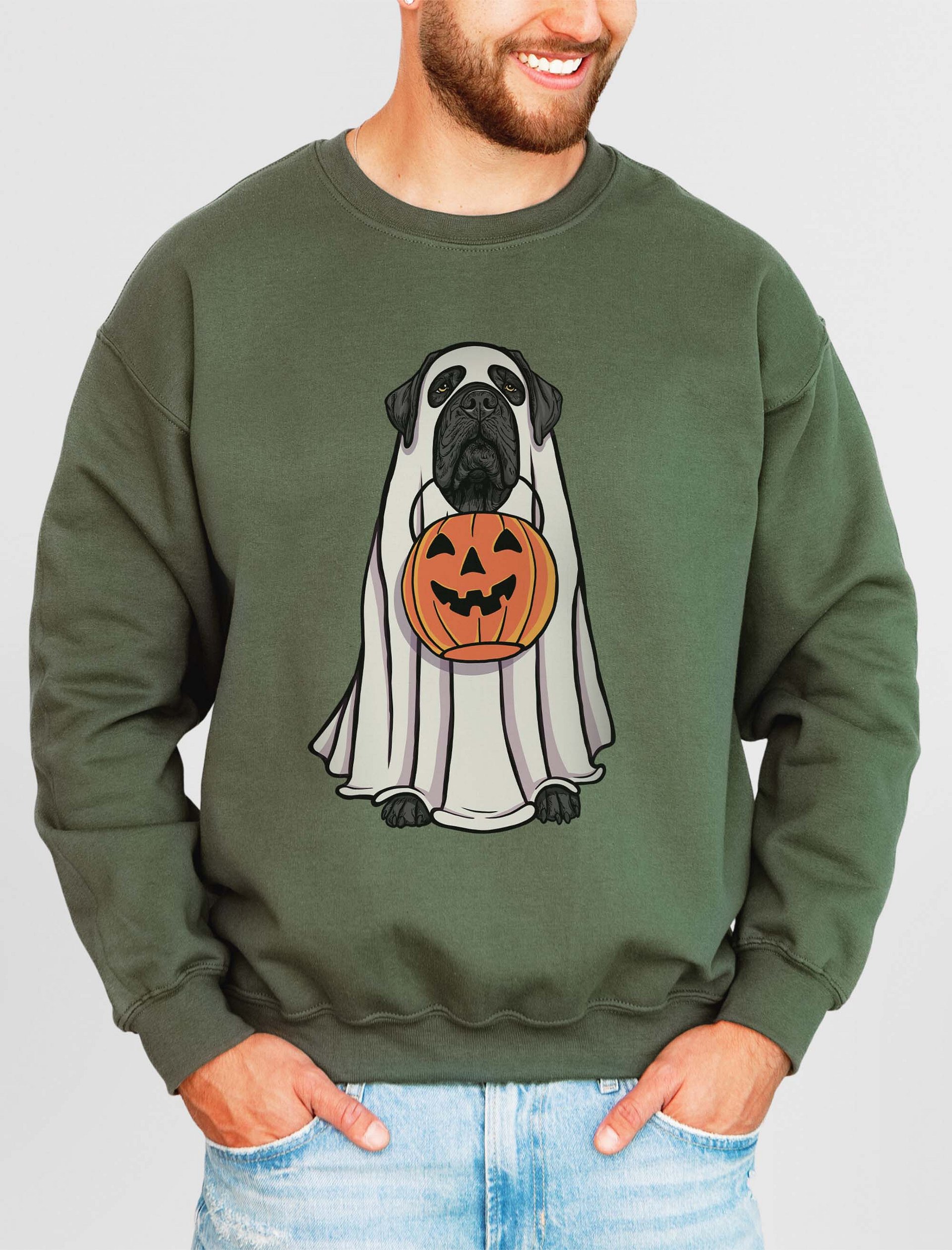Funny Halloween Neapolitan Mastiff(Black) Sweatshirt | Funny Dog Wearing a Ghost Costume and Holding a Pumpkin Basket product image (2)