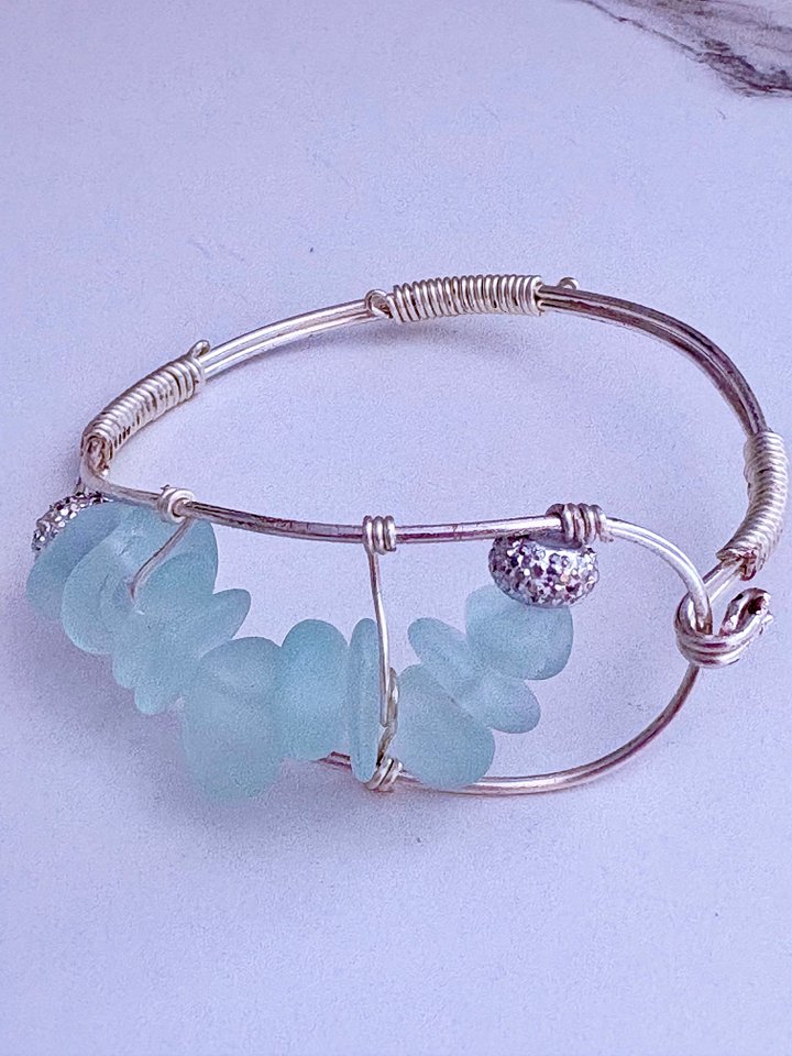 MFD-00198 | Seafoam Pebble Tide Bracelet | Wire-Wrapped Sea Glass | Handmade 6.75" Coastal Charm by Monique Faella Designs™ product image (1)