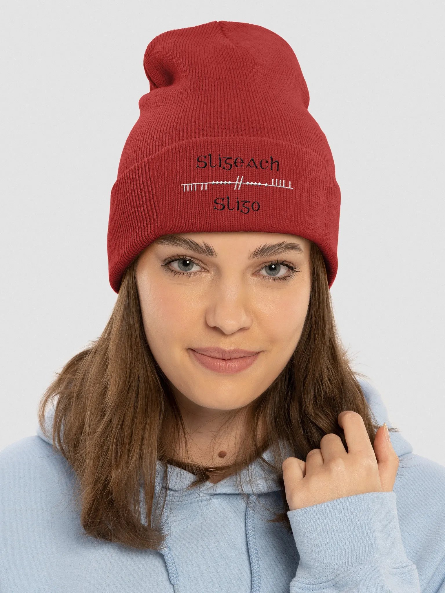 Sligo/Sligeach Scholastic style Ogham, black and white, embroidered Cuffed Beanie product image (3)