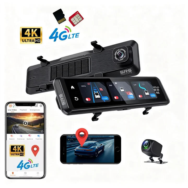 SRS ABSOLUTE 4K 4G Mirror Dash Cam Front Rear Dual Record GPS Tracking Live Video ADAS BSD Park Monitor Timelapse Reverse Parking Remote Playback Voice Calling 1TB MicroSD SIM Support product image (1)
