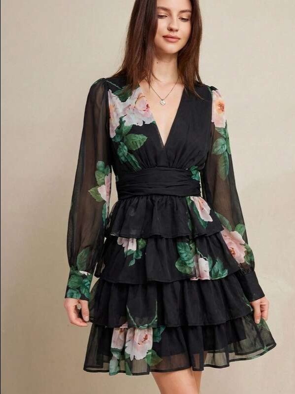 Rosie French V-Neck Sweet Ditsy Floral Layered Chiffon Vacation Style Short Sleeve Ruffle Hem Mini Dress For Women product image (1)