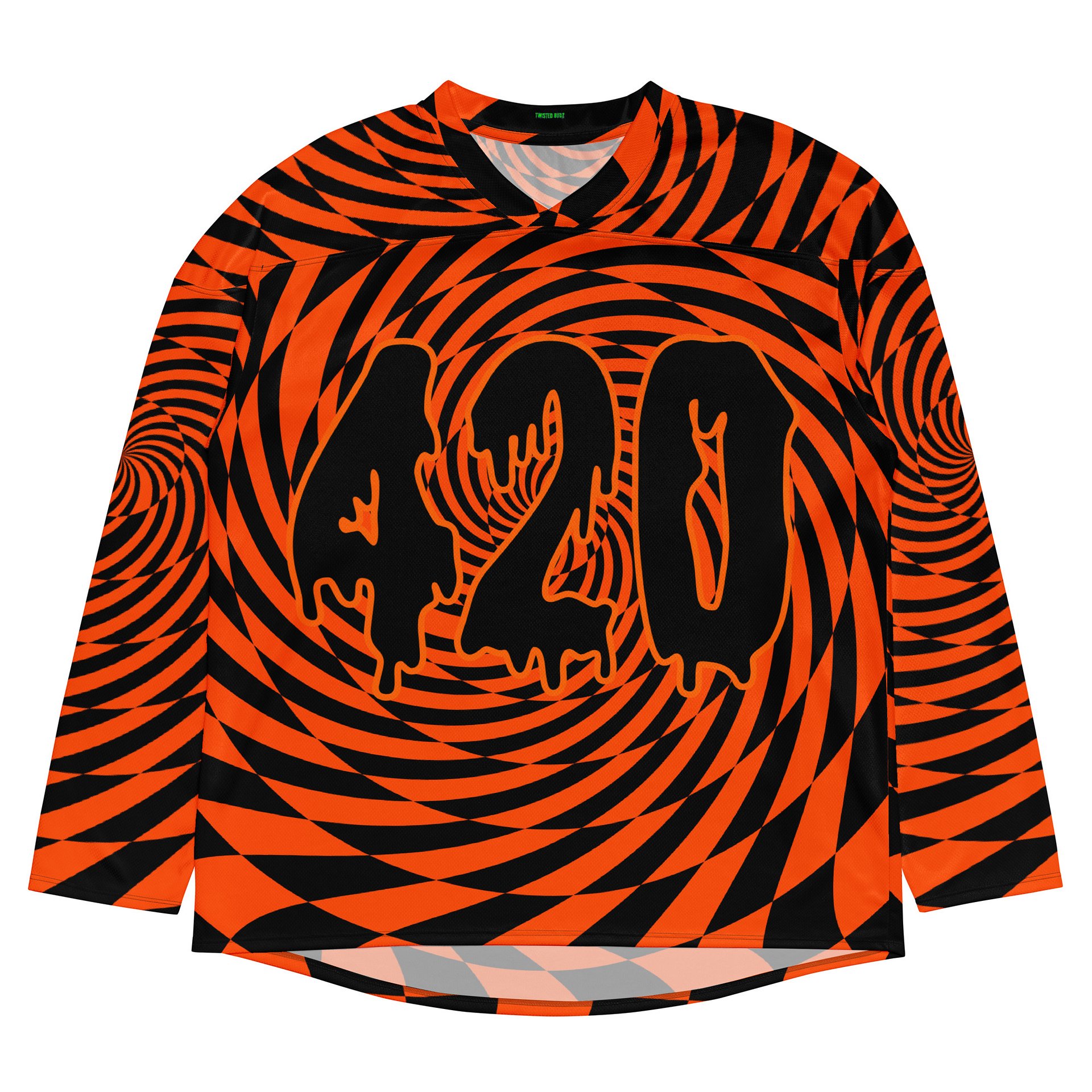 420 Rave Halloween Hockey Jersey, Black Orange Swirl EDM Stoner Shirt, Trippy Fall Festival Cannabis Clothes, Psychedelic Spirals Weed Top product image (3)