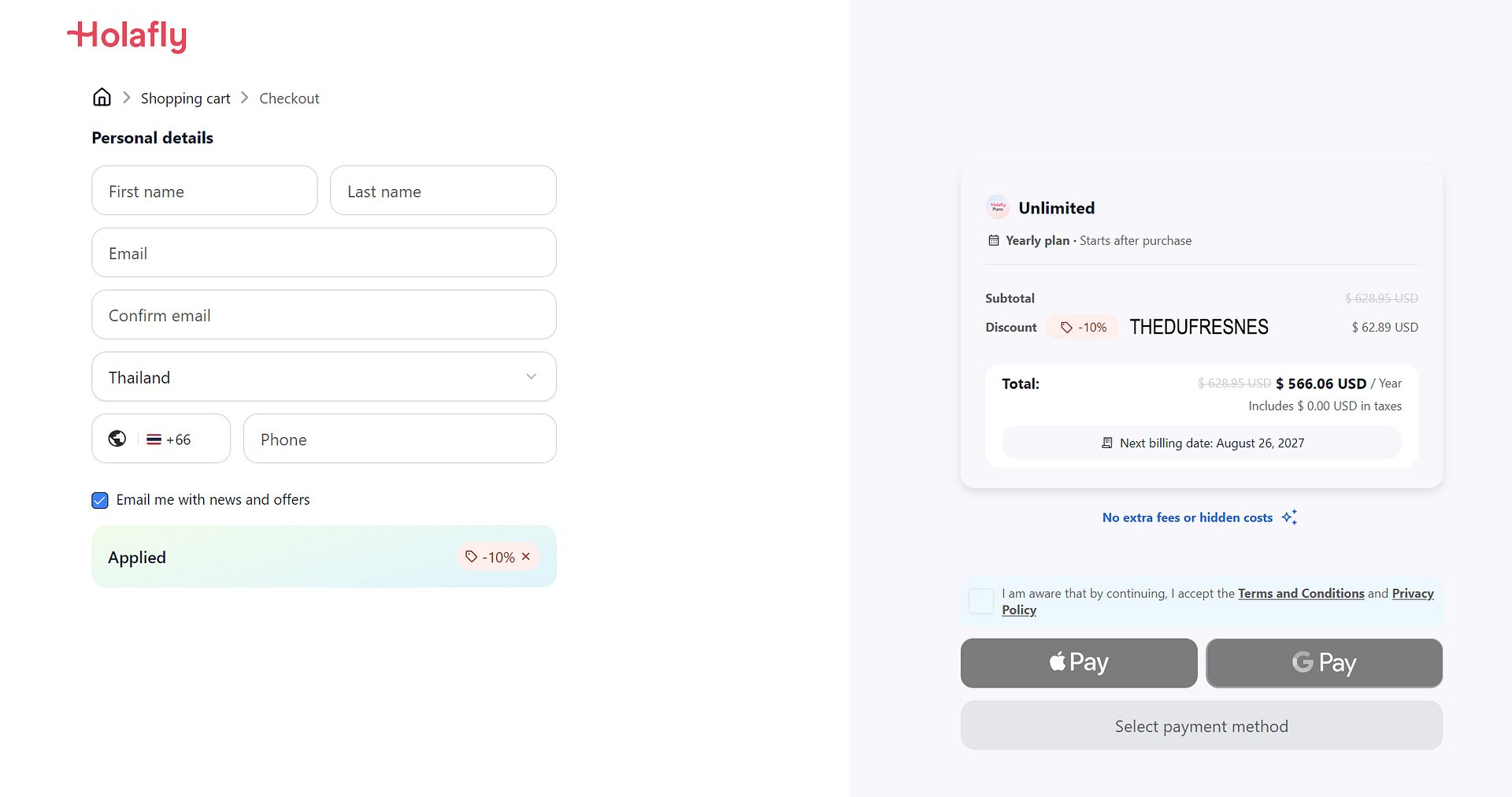 Holafly annual Plans Unlimited checkout with discount code THEDUFRESNES applied, yearly total 566.06 USD — up to 30% off (Holafly 20% annual promotion plus 10% with THEDUFRESNES).