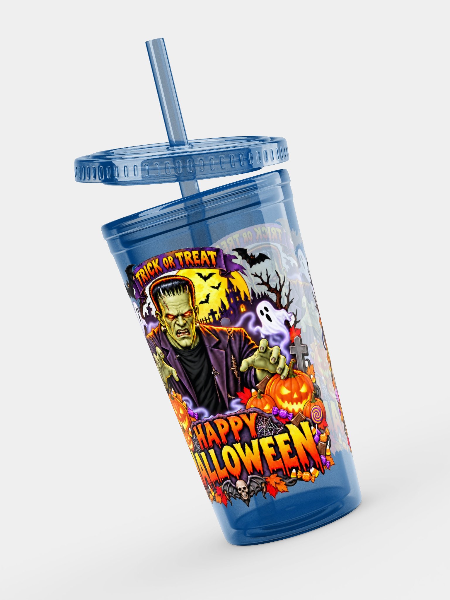 Frankenstein Happy Halloween Double Wall Clear Plastic Tumbler product image (7)