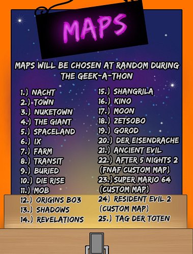 One week from the start of the new Geek-A-Thon! Here are the maps and sub incentives and goals/punishments! There are many mo...