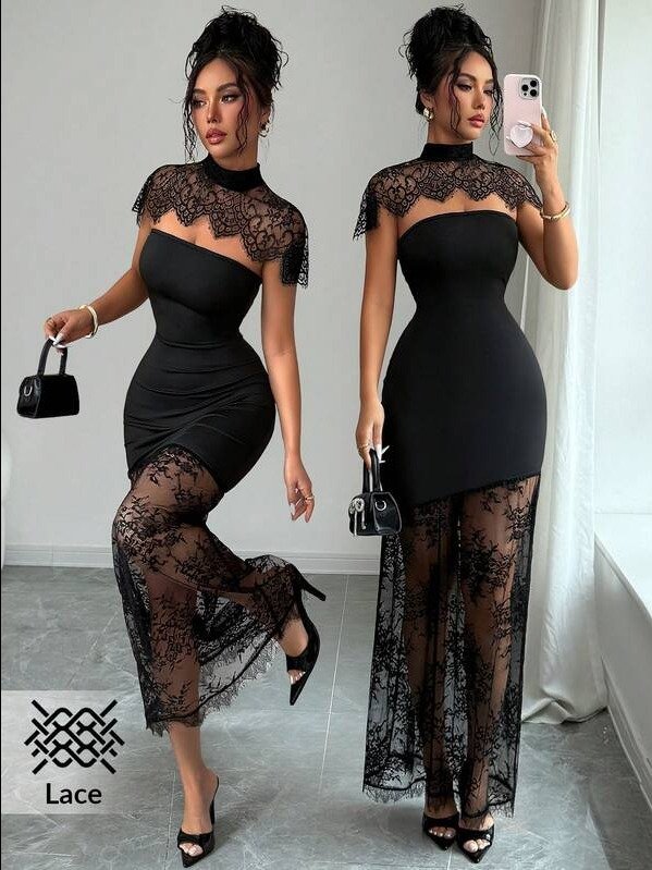 Women's Lace Patchwork Stand Collar Bodycon Dress, Suitable For Party And Occasion product image (1)