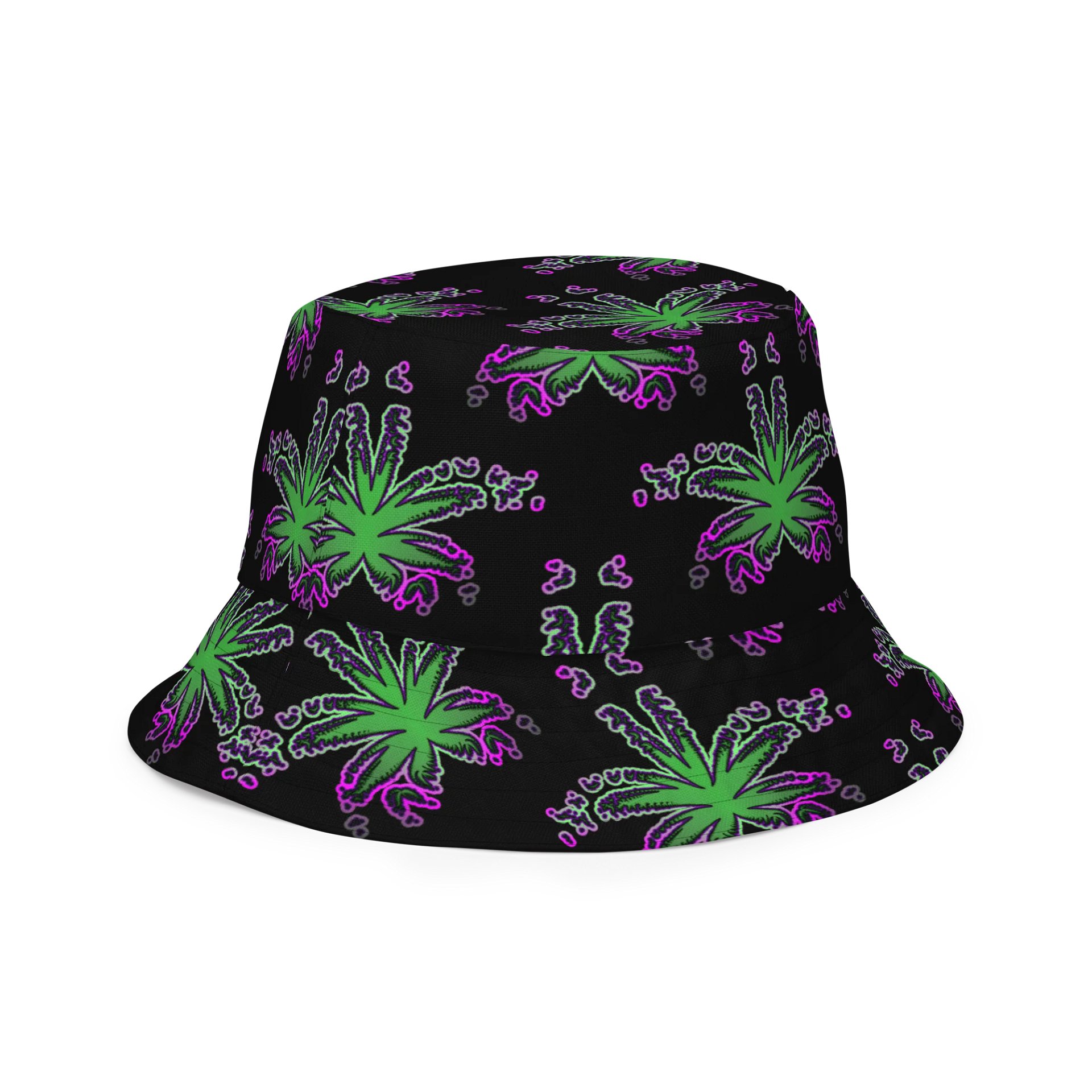 Green Purple Pot Leaf Pattern Reversible Bucket Hat, Cannabis Summertime 420 Fashion Accessory product image (3)