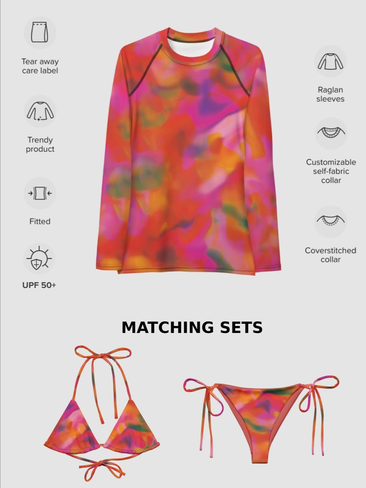 Printed Rash Guard "Trendy Vibrant Pink Orange Tie Dye" product image (5)