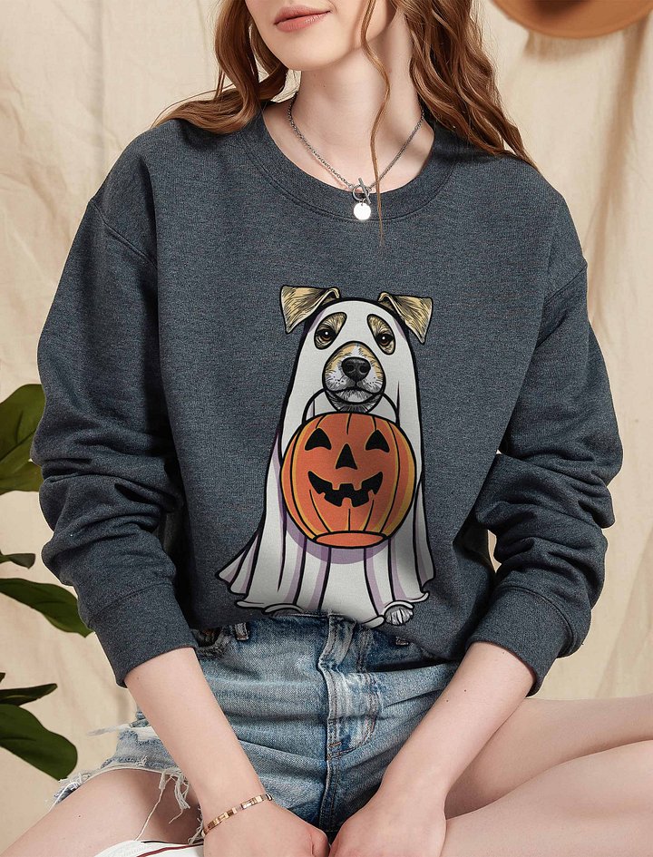 Funny Halloween Jack Russell Terrier(Lemon) Sweatshirt | Funny JRT Wearing a Ghost Costume and Holding a Pumpkin Basket product image (2)