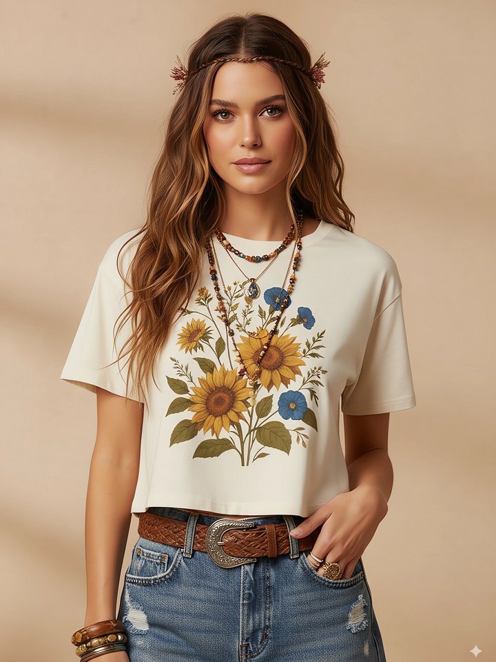 Cottagecore Sunflower Crop Top T-Shirt – Boho Floral Aesthetic product image (1)