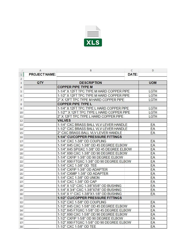 Domestic Water Cu BOM MS Excel Template No. 2 product image (1)
