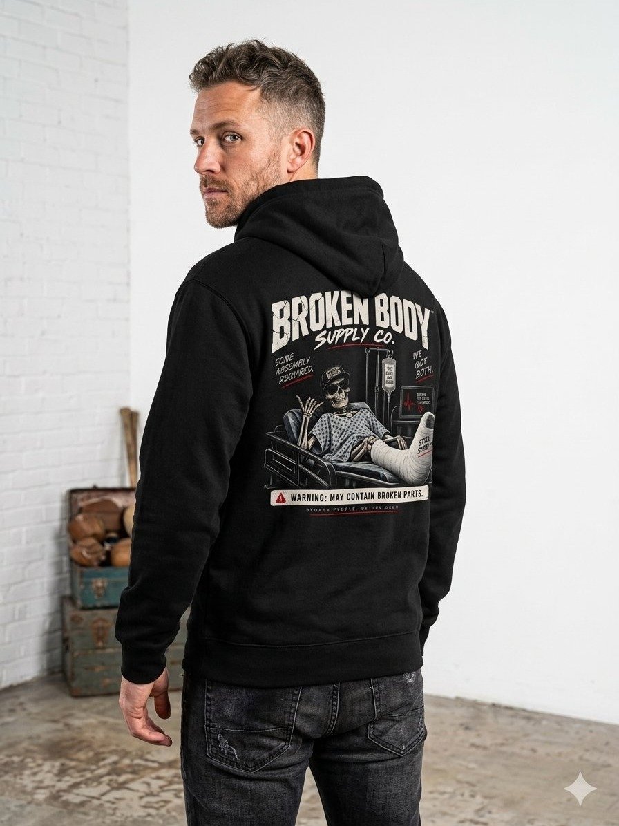Funny Injury Hoodie — Warning: May Contain Broken Parts | Flat Out Broken™ product image (2)
