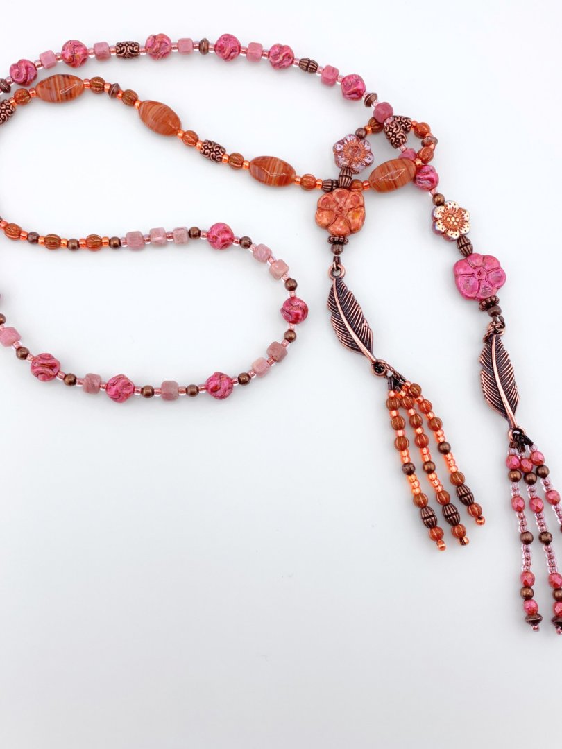 Pink and Orange Glass Beaded Fringe Lariat Style Necklace Set product image (2)