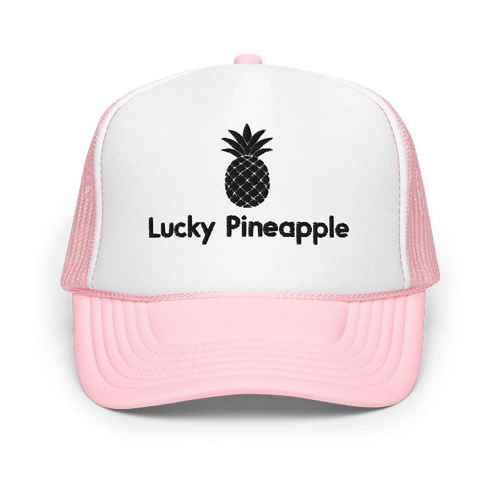 Lucky Pineapple® Films Logo Embroidered Pink and White Trucker Hat product image (1)