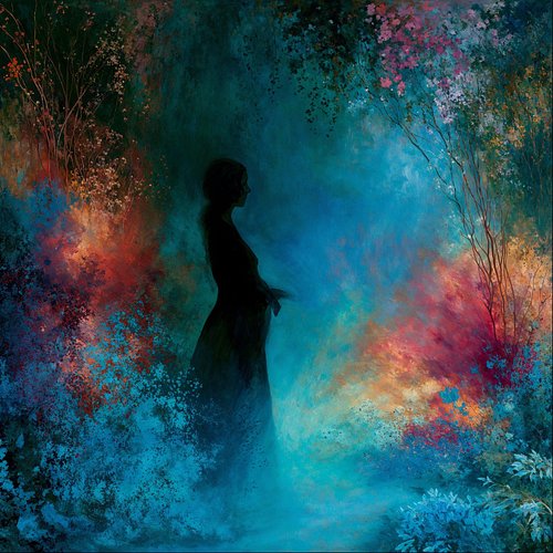 She stands in the center of the storm, silhouetted against the explosion of color and light. Teal and coral swirl around her,...
