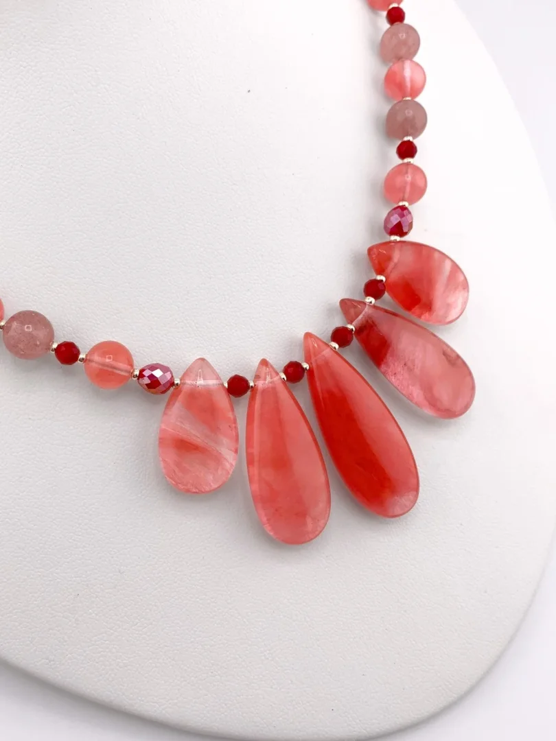 Cherry and Strawberry Quartz Beaded Fan Pendant Necklace Set product image (2)