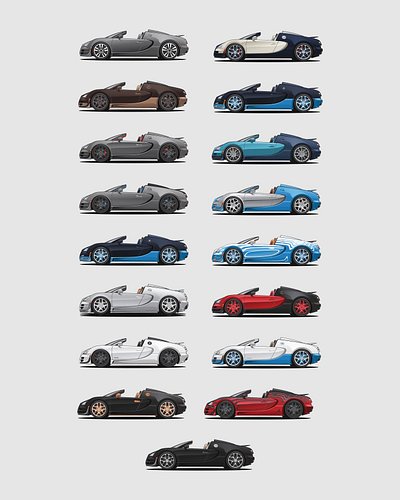 Full set of Veyron Grand Sport Vitesse currently in the USA 🇺🇸

#bugatti #veyron #vitesse #illustration