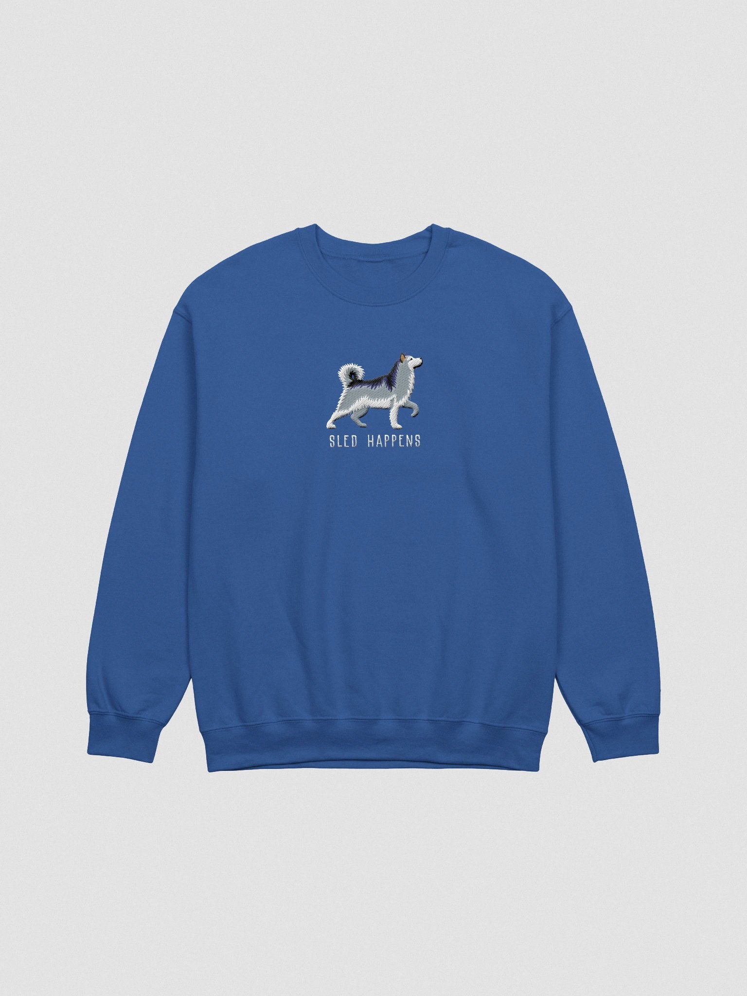 Sled Happens Sweatshirt (Embroidered) of an Alaskan Malamute(Gray & White) product image (4)