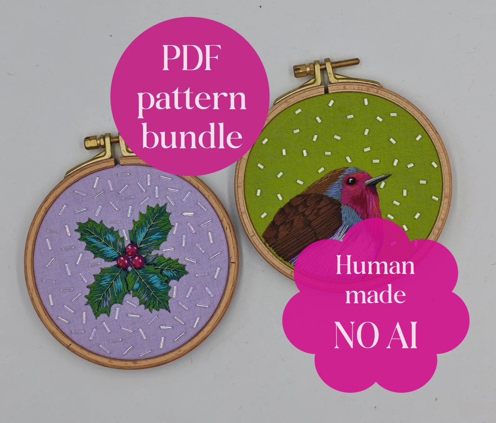 PDF Christmas embroidery pattern bundle, robin and holly product image (1)