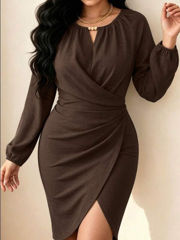 ADLEST Elenzga Women's Plus Size Beaded Wrap Cross Slit Cinched Waist Long Sleeve Dress, Suitable For Daily Streetwear And Commuting product image (4)