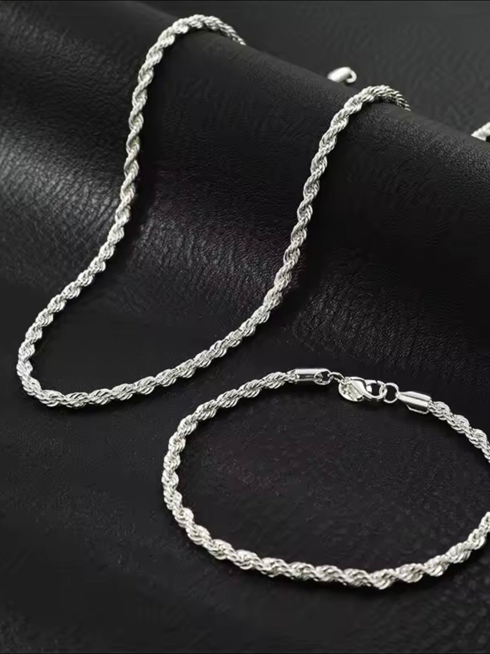2pcs Silver Plated Necklace Bracelet For Men And Women Simple Hip Hop Style 4mm Twisted Twist Rope Iron Chain With Copper Lobste product image (1)