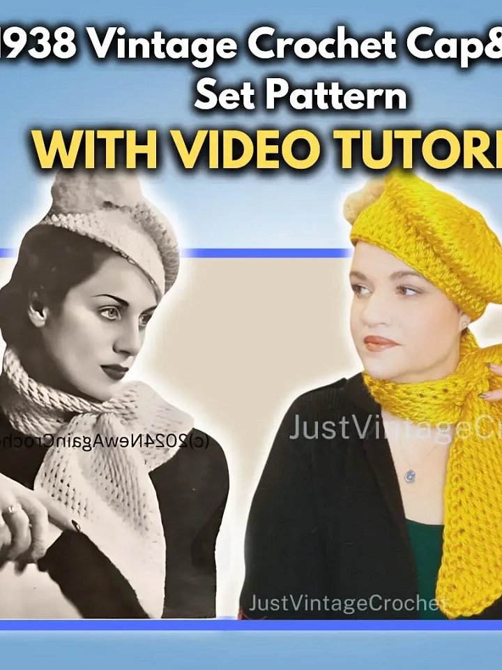 1938 Tunisian (Tricot) Crochet Hat and Scarf Set Pattern product image (1)