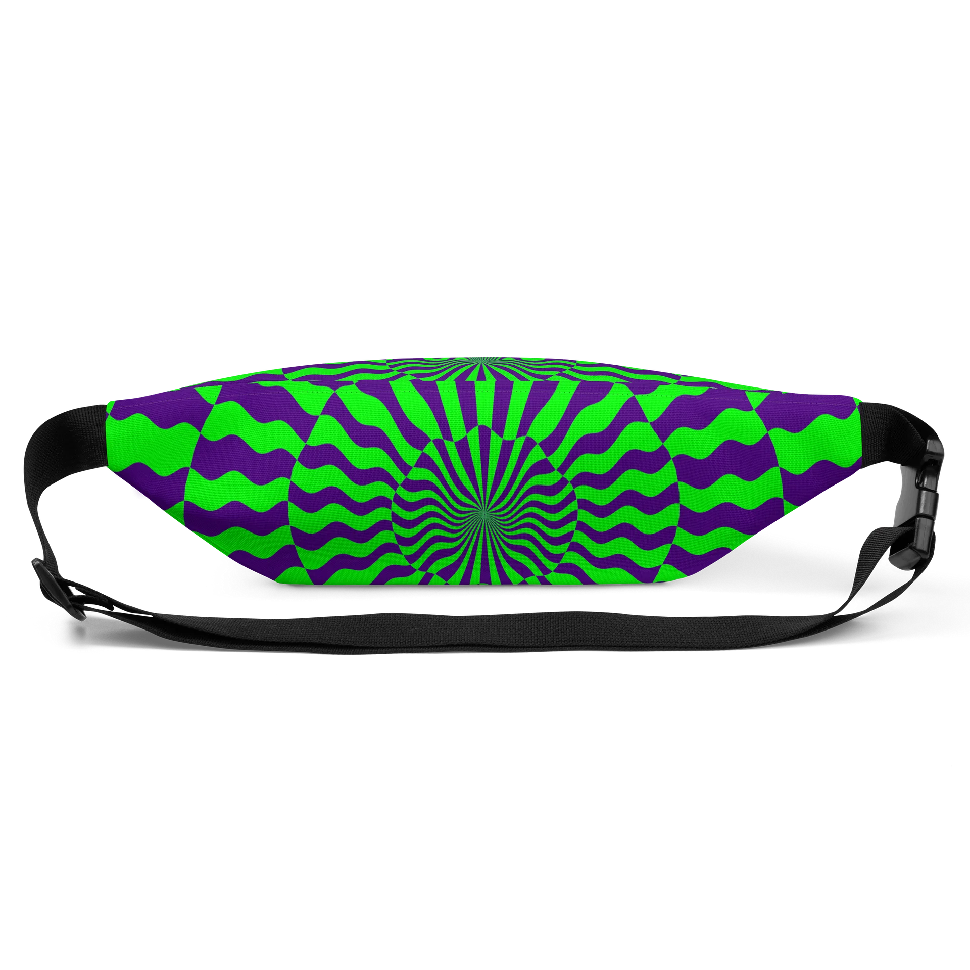 Psychedelic EDM Festival Fanny Pack, Trippy Techno Rave Fashion Accessory, Neon Green Purple Party Bag, Twisted Checkers Spiral Illusion Art product image (3)