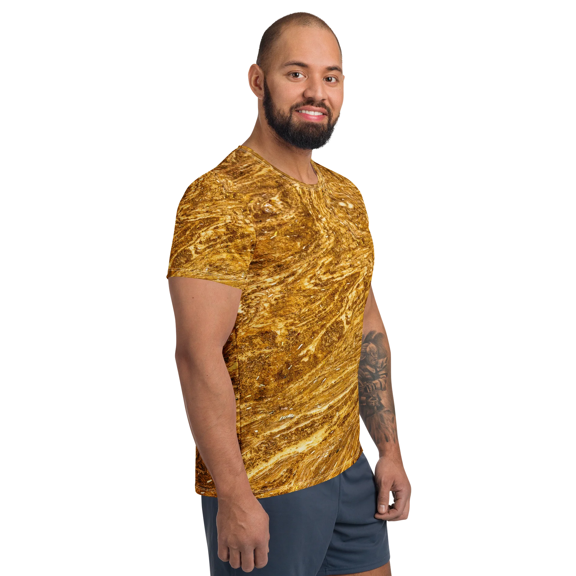 Golden Strata: Golden Amber Marble Athletic T-Shirt | All-Over Print Performance Workout Tee | Earthy Ochre Moisture-Wicking Gym Shirt product image (4)