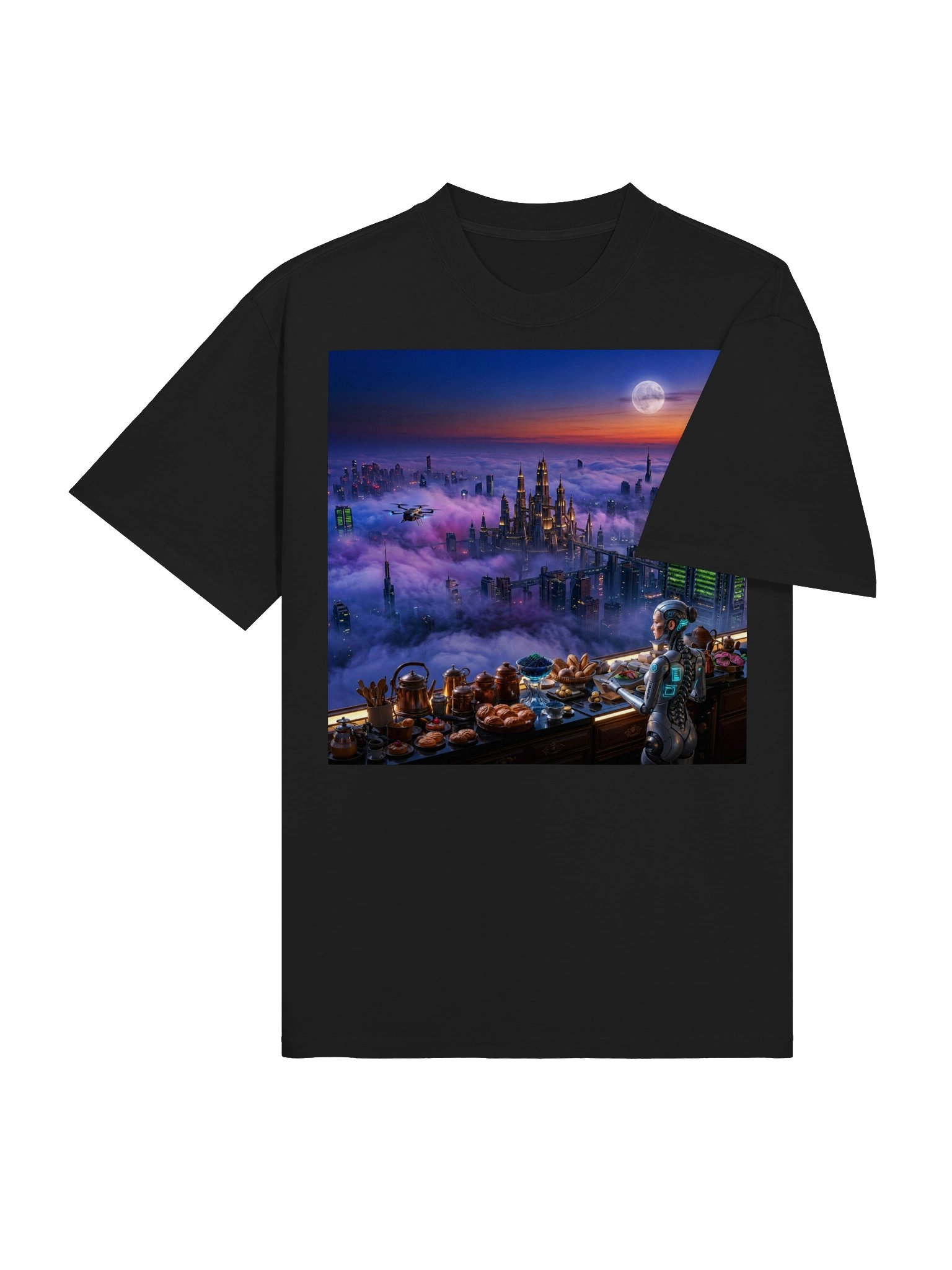 Gift for Sci-Fi Fans | Cozy Cyberpunk Robot Breakfast Oversized Faded T-Shirt | Futuristic Techwear Streetwear Gift product image (5)