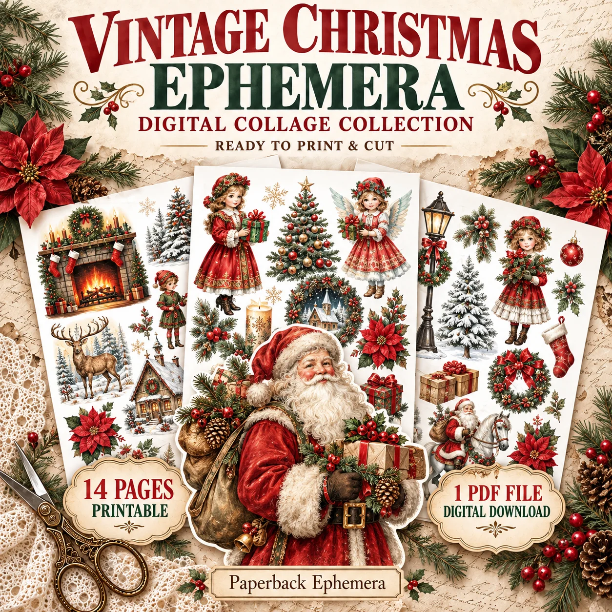Vintage Christmas Ephemera Printable – 14-Page Junk Journal PDF product image (1)