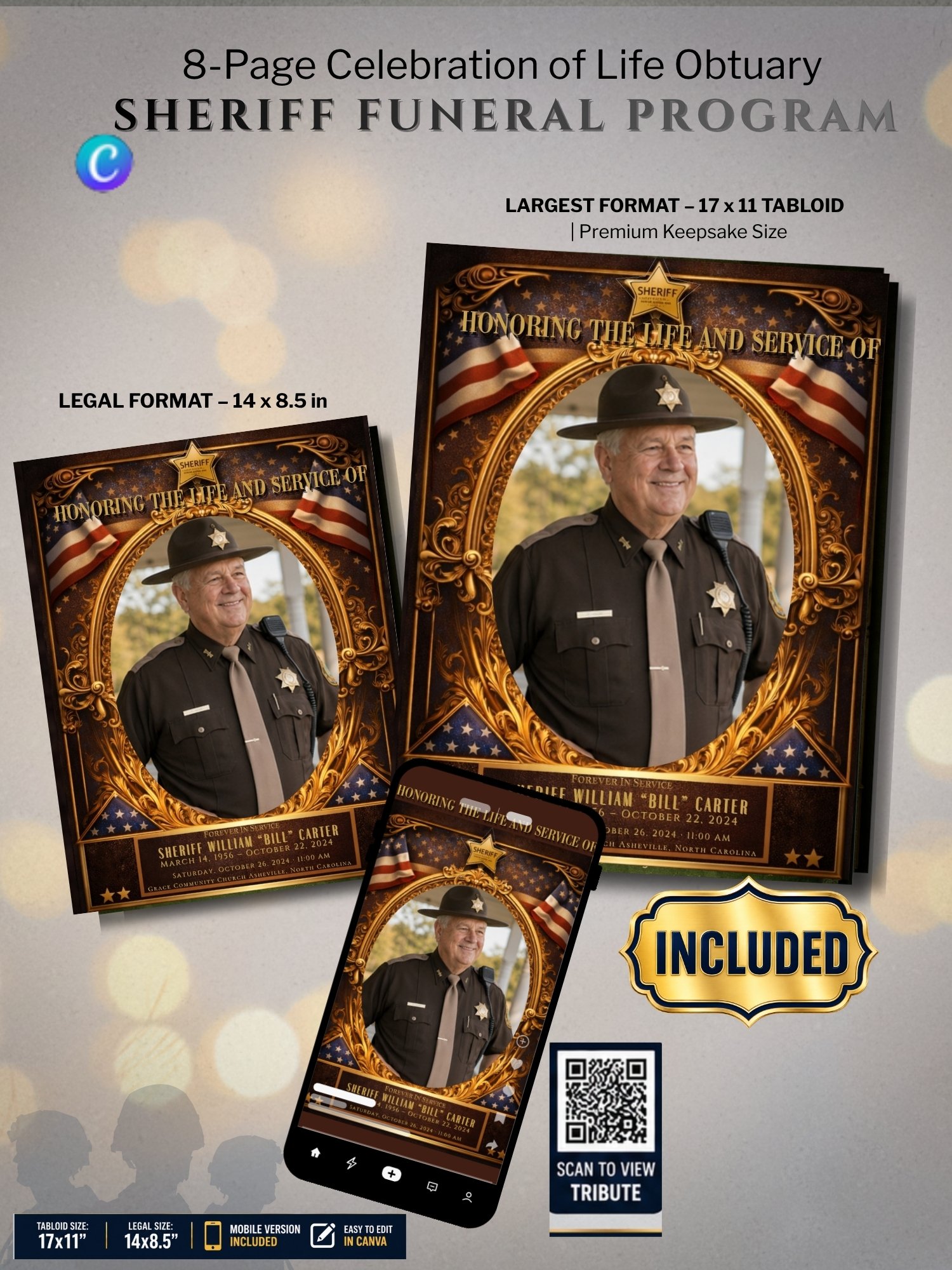 Sheriff Funeral Program Template, Editable Canva Memorial Booklet, 8-Page Celebration of Life with American Flag product image (1)