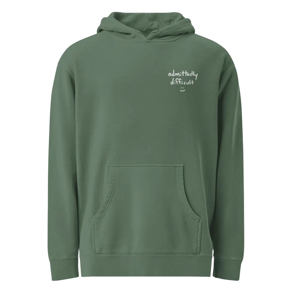 admittedly difficult (white thread) embroidered pigment hoodie product image (2)