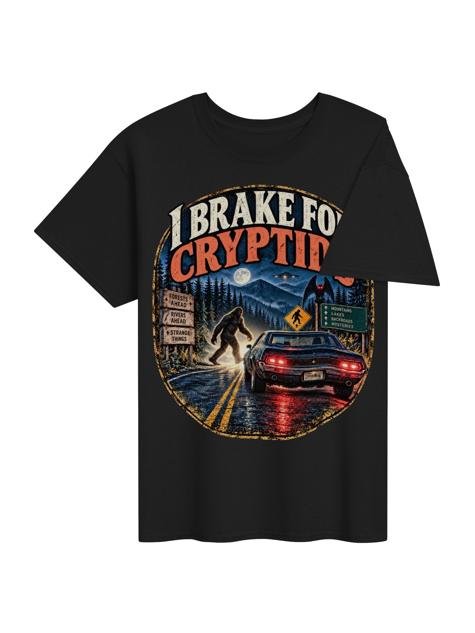 I Brake for Cryptids T-Shirt – Bigfoot & Mothman Road Trip Tee product image (5)