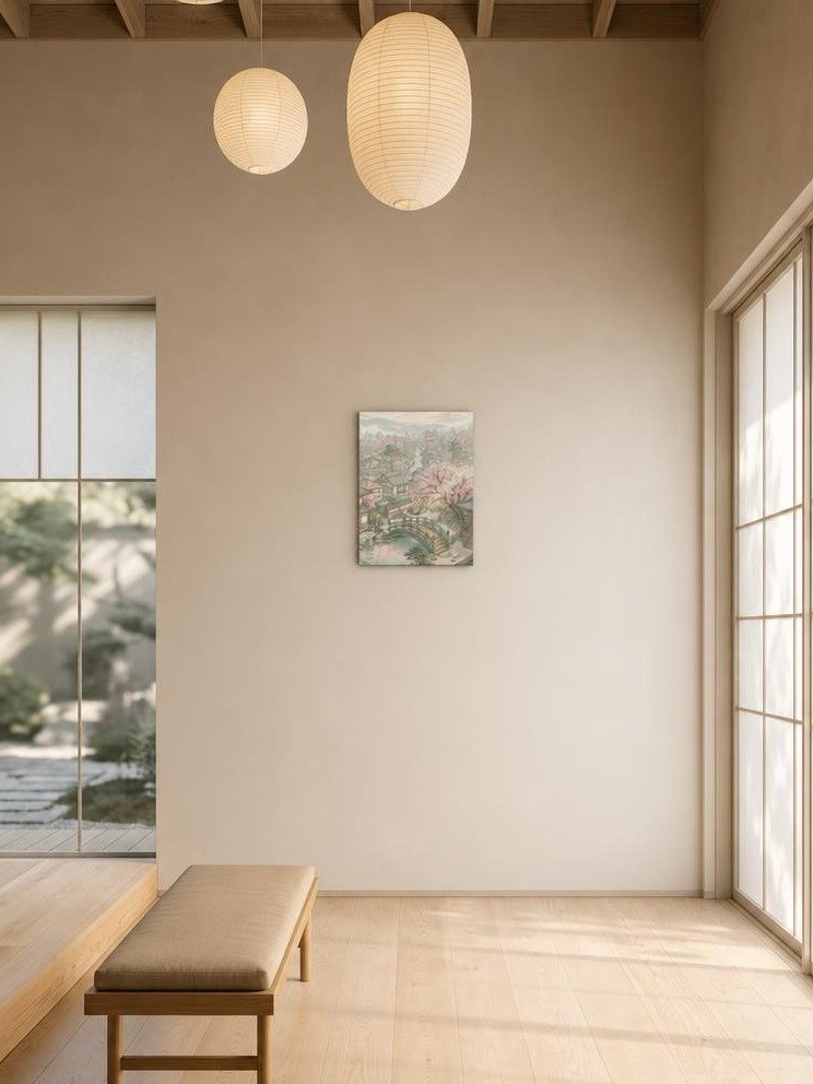 Tranquil Cherry Blossom Bridge Canvas - Japandi Zen Wall Art product image (2)