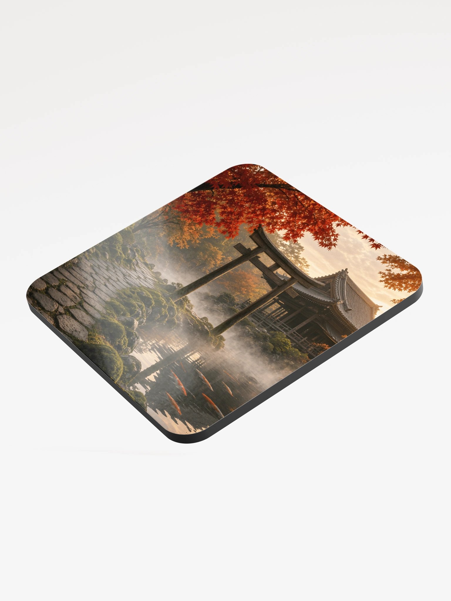 Japanese Torii Gate Autumn Garden Glossed Cork Coaster | Aesthetic Asian Landscape Drink Coaster product image (3)