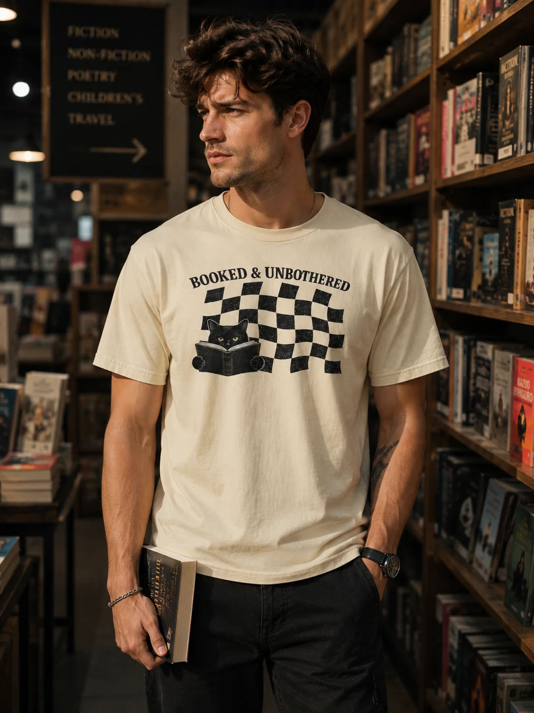 Booked & Unbothered | Book Lover Cat Graphic Comfort Colors Tee product image (1)