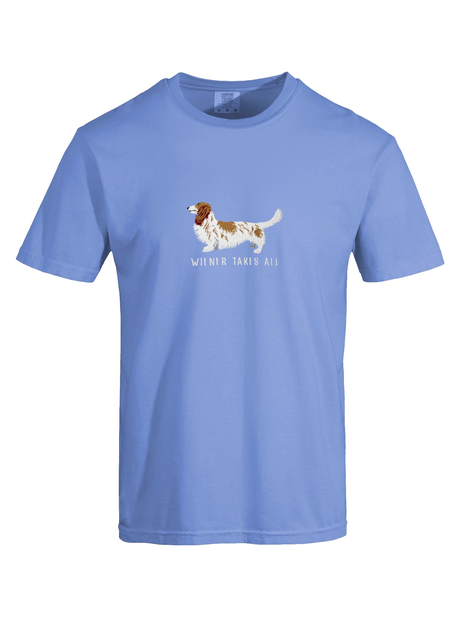 Wiener Takes All T-Shirt(Embroidered) of a Longhaired Dachshund(Pied Brown & White) product image (37)