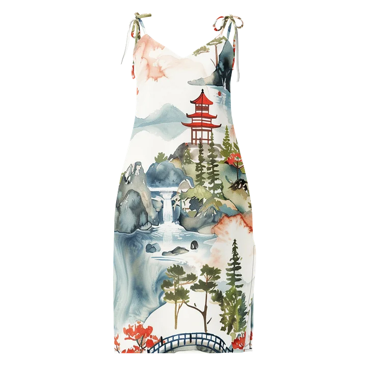 Japanese Pagoda Watercolor Midi Slip Dress | Chiffon Landscape Dress product image (1)