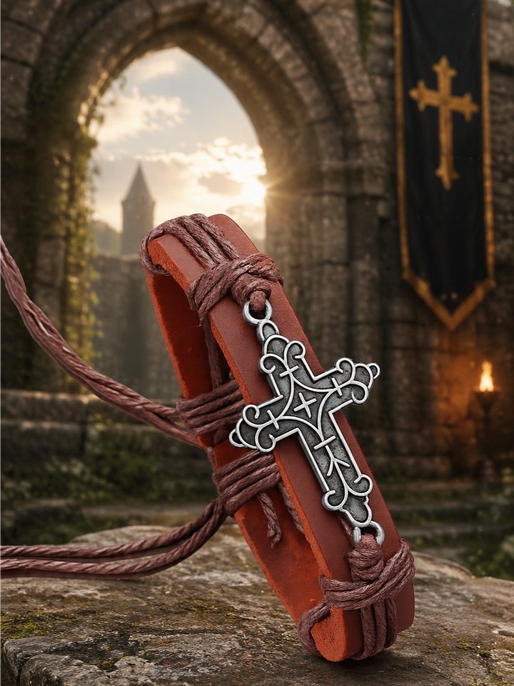 The Armored Kingdom Adjustable Leather Cross Bracelet-Adjustable Comfortable Fit-Leather product image (1)