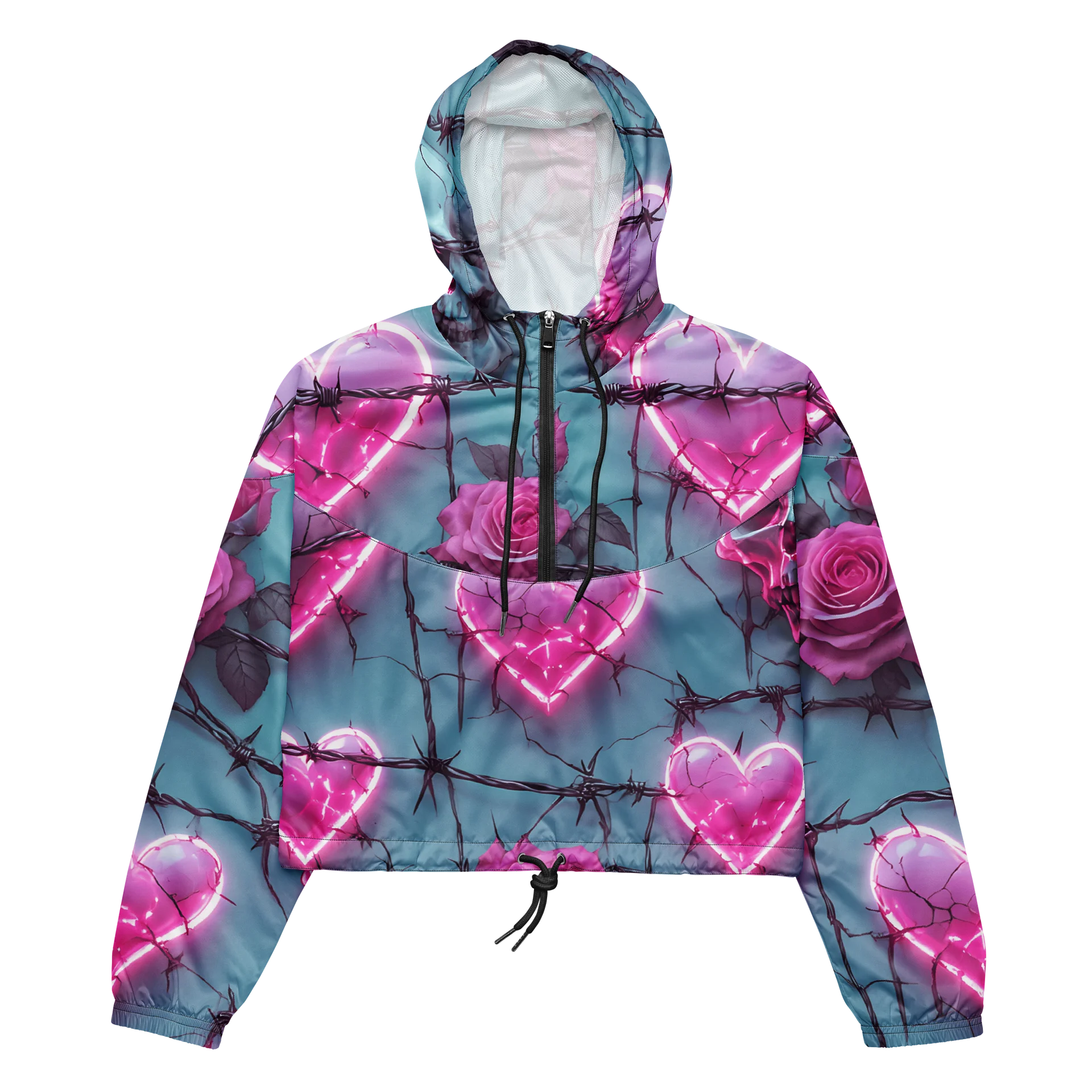 Neon Barbed Rose Heart Cropped Windbreaker - Glow Pink Shattered Hearts All-Over Print Women's Lightweight Jacket product image (2)