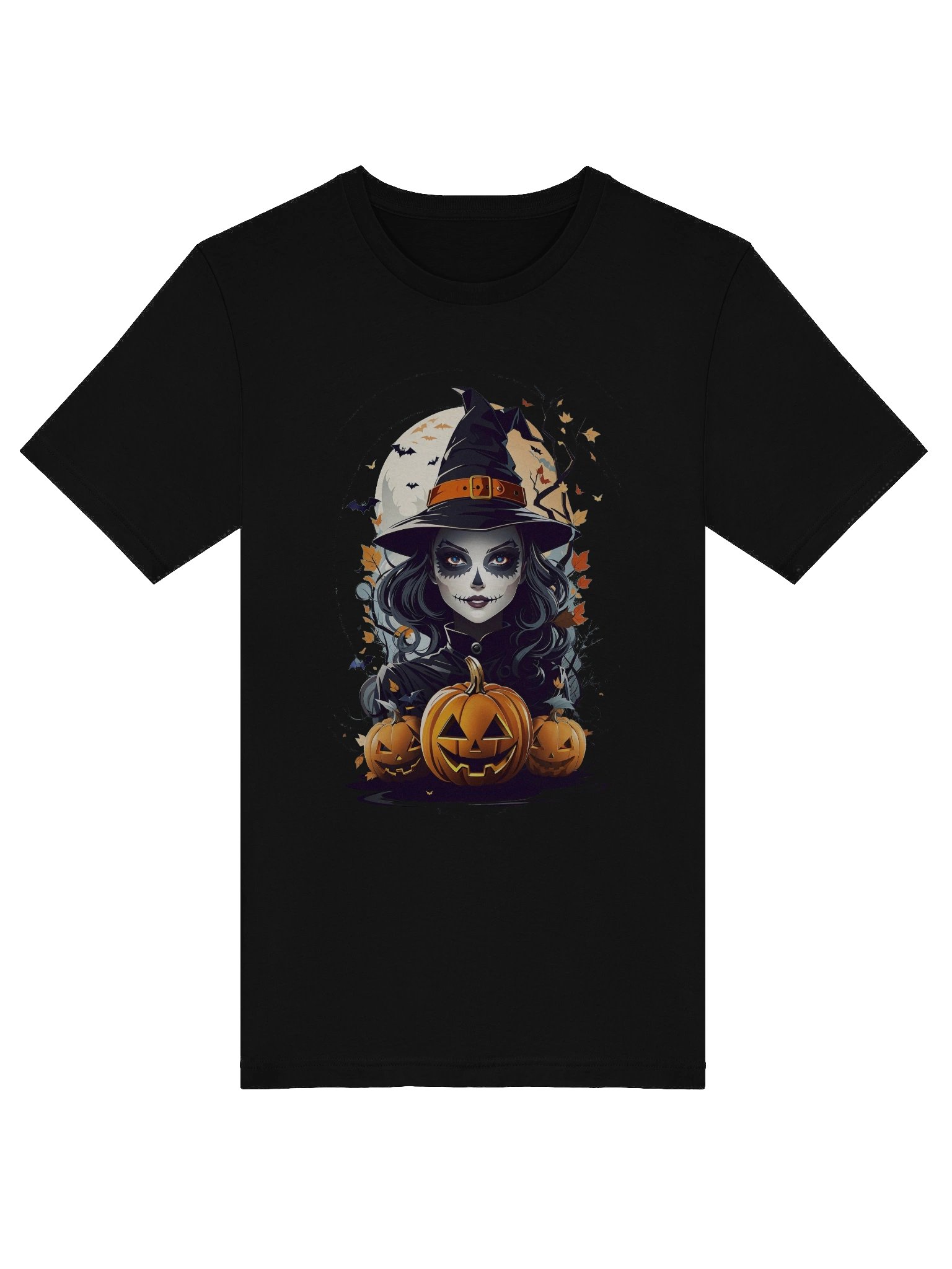 Witch and Pumpkins T-Shirt – Spooky Halloween Witch Tee, Gothic Jack-o’-Lantern Shirt product image (47)