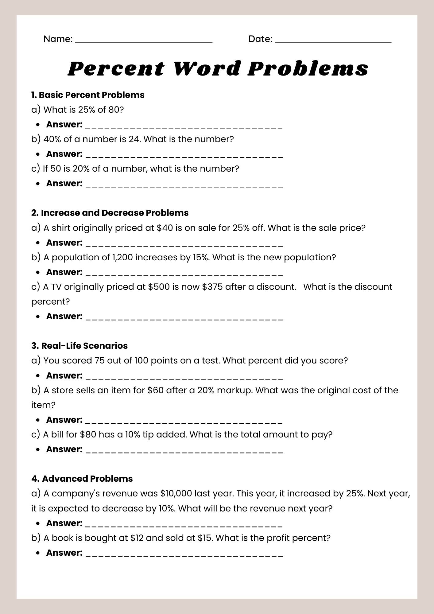 Percent Word Problems Worksheet product image (1)