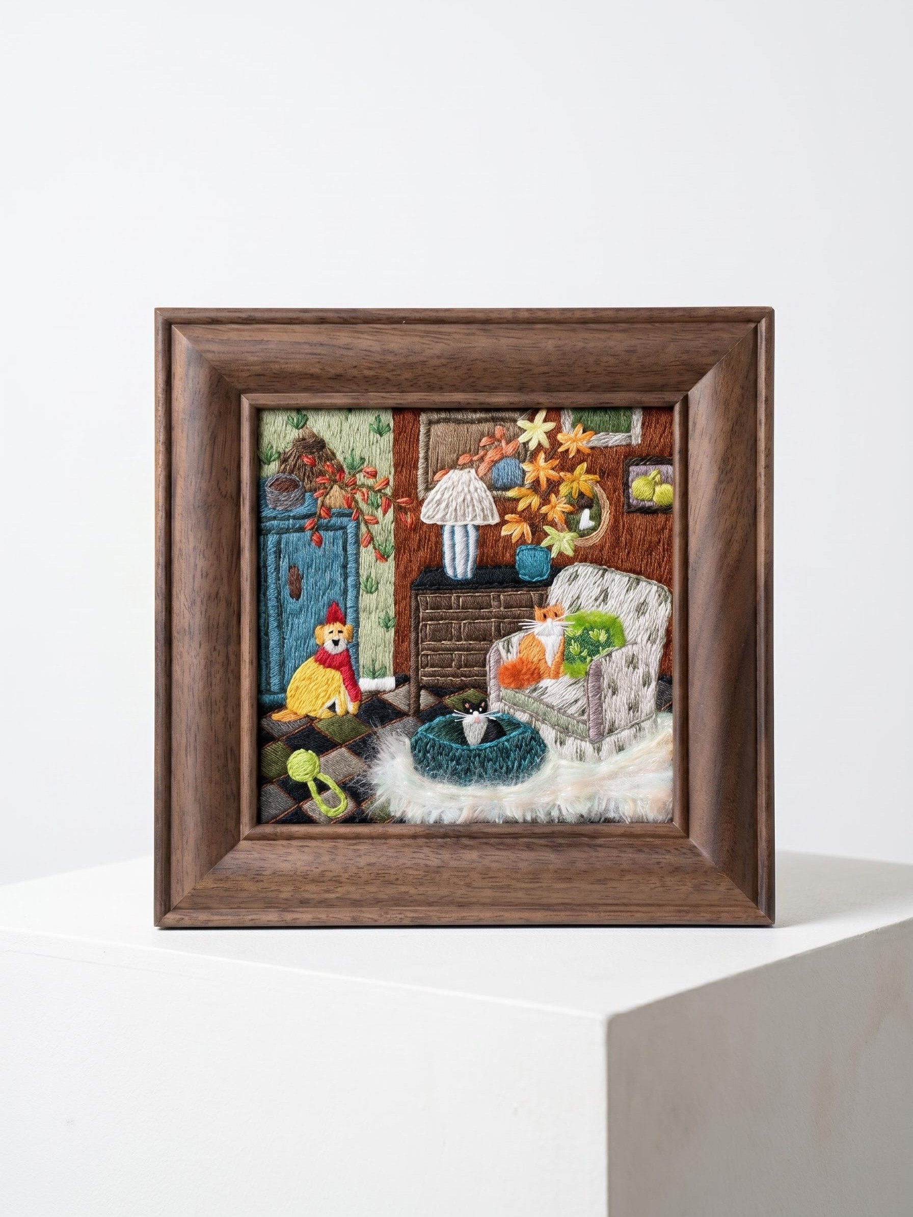 Fireside Best Friends Cat & Dog Embroidery Ready to Hang Framed Textile Masterpiece product image (1)