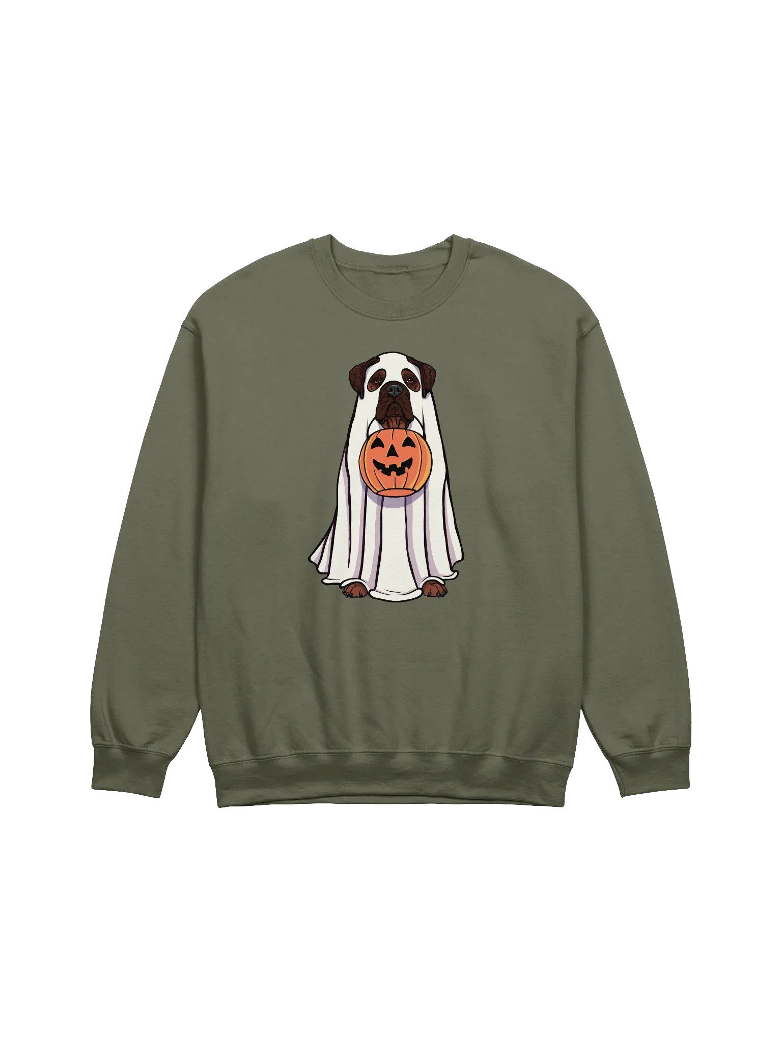 Funny Halloween Bullmastiff(Brindle) Sweatshirt | Funny Bullmastiff Wearing a Ghost Costume and Holding a Pumpkin Basket product image (1)